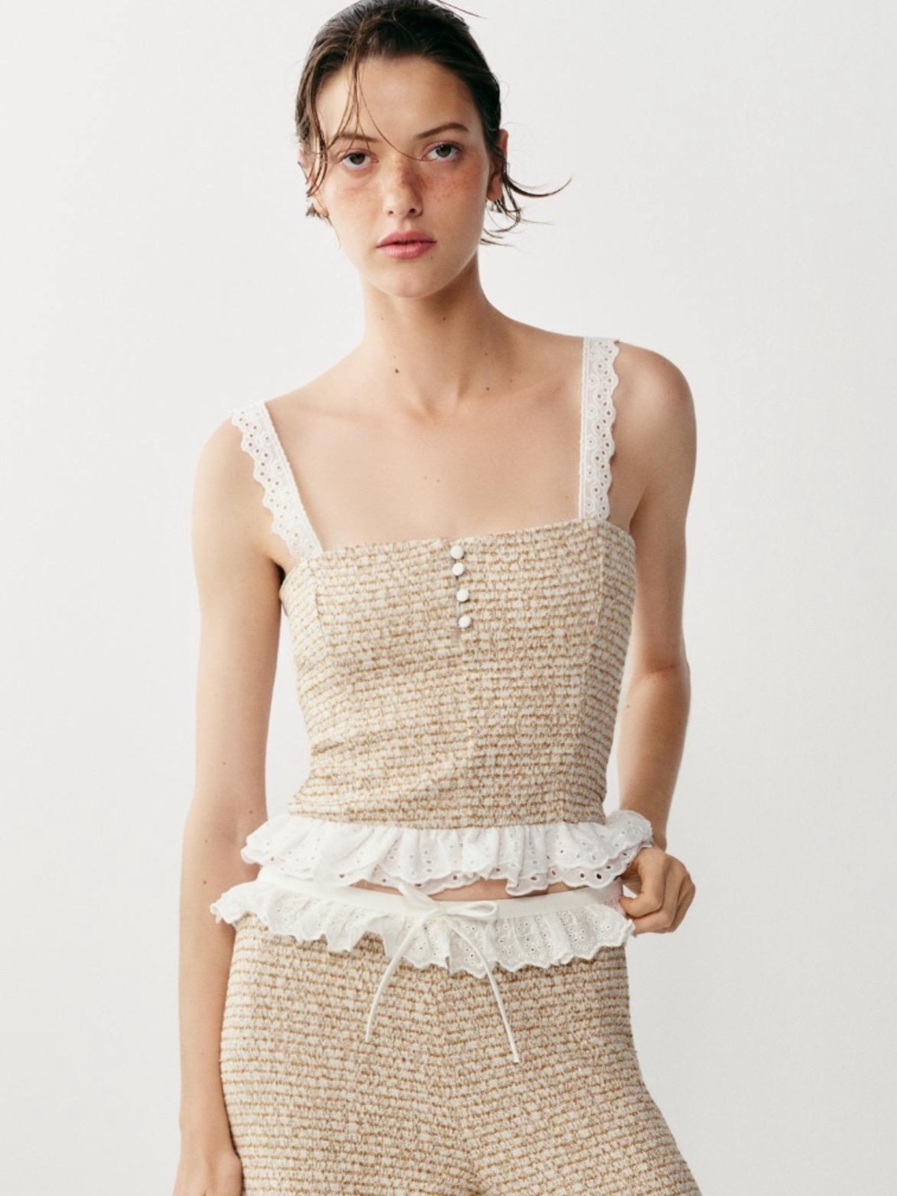 Zara Beige Knit Crop Top with White Eyelet Trim
